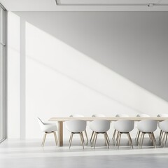 Poster - A large white table with white chairs is set up in a room with a white wall
