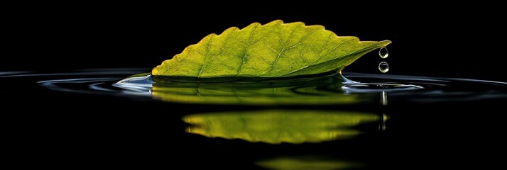 Poster - Single leaf floats on dark water, droplets falling.