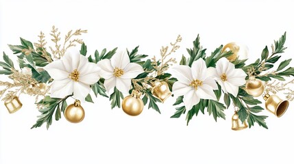 Aufkleber - Elegant Christmas garland with white poinsettias, gold ornaments, and bells.