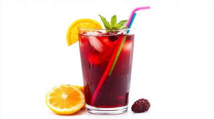 Poster - Refreshing iced tea with lemon and blackberry garnishes in a tall glass with colorful straws.