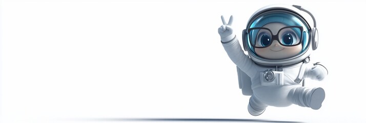Poster - Cute cartoon astronaut with glasses giving peace sign, floating in space.