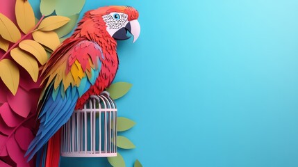 Sticker - parrot Cage paper cut Art Style 3d background 