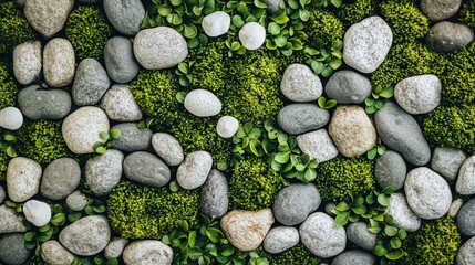 Leinwandbilder - Close-up of smooth stones and vibrant green moss, creating a textured natural background.