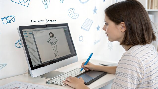 A young woman uses a tablet and computer to create digital art, surrounded by playful doodles on the wall.
