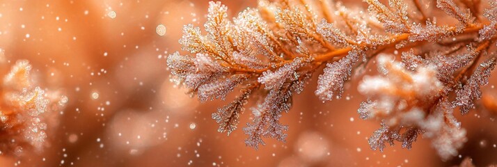 Aufkleber - Close-up of frost-covered branch against blurred orange background.
