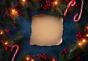 Poster - Christmas card mockup with blank paper, fir branches, candy canes, and fairy lights on dark blue background.