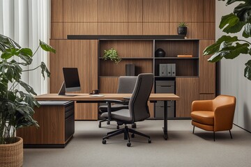 Poster - Modern office interior with wooden furniture, plants, and comfortable seating.