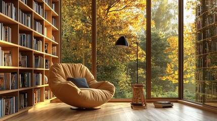 Poster - Cozy reading nook with large window overlooking autumn foliage, wooden floors, bookshelf, and comfortable armchair.