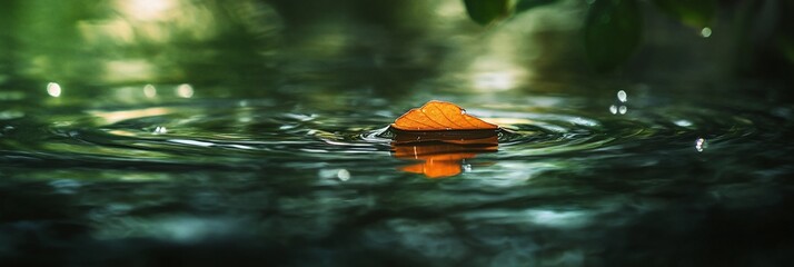 Poster - Single leaf floats on calm water, ripples forming around it.