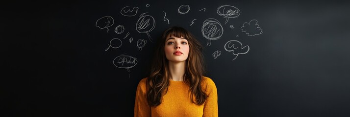 Poster - Pensive young woman with long brown hair in a yellow sweater stands before a blackboard filled with speech and thought bubbles, illustrating her thinking process