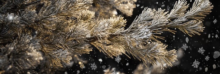 Poster - Frost-covered pine branches with falling snow.