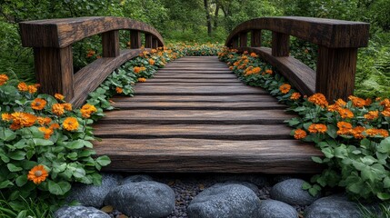 Sticker - Wooden bridge over stream with orange flowers.