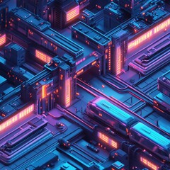 Poster - a cityscape with a train in the middle. the train is surrounded by buildings and lights. the buildin