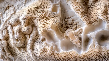Fototapete - Close-up of porous, textured beige and white surface with small crustacean.