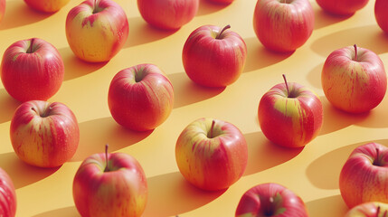array of apples aligned yellow background