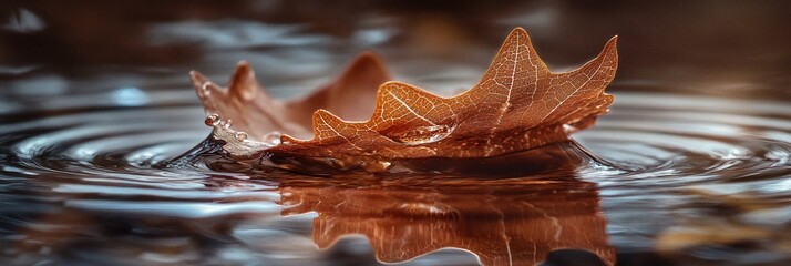 Poster - Autumn leaf floats on water, creating ripples.