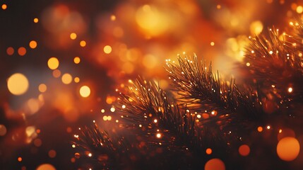 Poster - Close-up of illuminated pine branch with bokeh lights, warm color tones, festive mood.