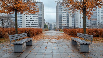 Aufkleber - Empty park benches on a paved pathway lined with autumn foliage and apartment buildings in the background on an overcast day.