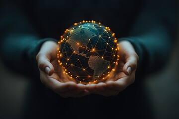 Poster - global network connection in hands. a glowing digital world held gently, symbolizing interconnectedn