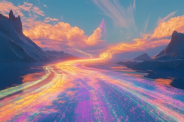 Poster - Transforming Data Stream in Vibrant Landscape with Colorful Light Trails and Serene Mountain Reflection