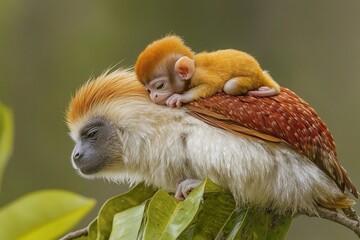 Poster - Adorable golden monkey baby sleeping peacefully on its mother's back amidst lush green foliage.