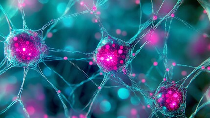 Poster - Microscopic view of interconnected neurons, glowing pink and cyan.