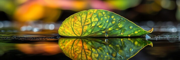 Aufkleber - Vibrant leaf on water, reflecting colors.