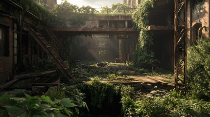 Poster - Overgrown abandoned industrial building, sunlight streaming through ruins, plants reclaiming structure.