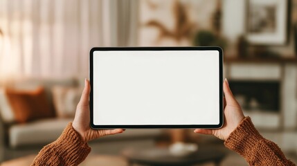 Leinwandbilder - Woman holding digital tablet with blank white screen showing copy space for app or website design in cozy living room, mockup template concept