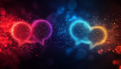 Poster - Speech bubbles with connecting lines, communication network on blurred tech background, dynamic digital visualization, modern techinspired design, futuristic connections