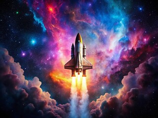 Wall Mural - Minimalist Cosmic Voyager: Vibrant Nebula and Lone Spaceship