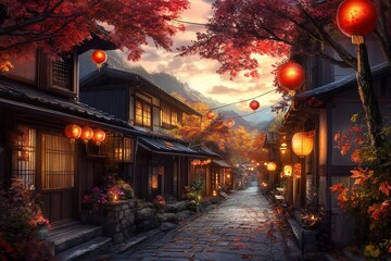 Poster - Autumnal village street at sunset, illuminated by red lanterns, traditional houses, cobblestone path, vibrant foliage.