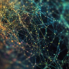 Poster - Explore an intricate abstract texture showcasing colorful interconnected lines and dots, creating a dynamic web-like formation. Perfect for digital design and tech concepts.