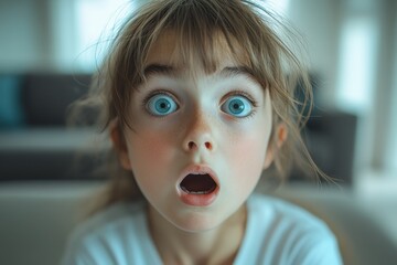 surprised child expresses wonder and amazement while watching something captivating indoors, highlig
