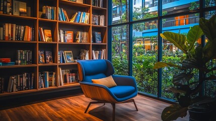 Leinwandbilder - Cozy reading nook with blue armchair, bookshelves, and large window overlooking greenery.