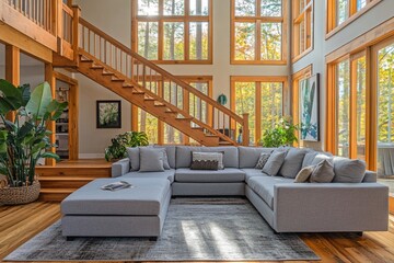 Aufkleber - Sunlit modern living room with L-shaped sectional sofa, hardwood floors, large windows, and wooden staircase.
