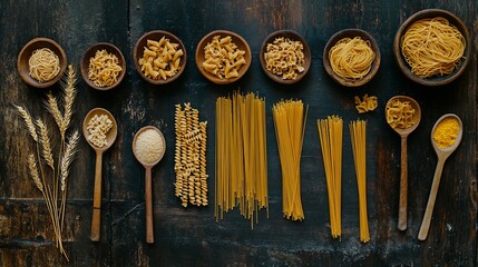 Poster - Variety of pasta types in wooden bowls and spoons on dark background.