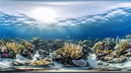 Aufkleber - Sunbeams illuminate vibrant coral reef teeming with diverse fish in a 360° underwater seascape.