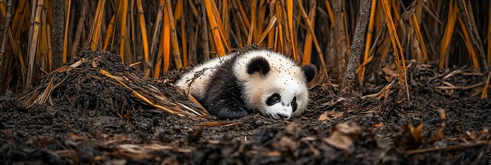 Poster - Adorable panda cub resting amidst golden bamboo stalks.