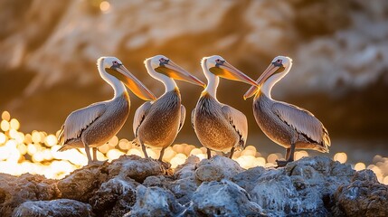 Aufkleber - Four brown pelicans perched on rocks at sunset, illuminated by golden light.