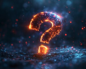 Poster - 3Drendered abstract dark background, neon light question mark, glowing digital effect, modern tech design, vibrant neon hues, futuristic question mark symbol