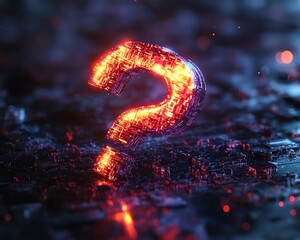 Poster - 3Drendered abstract dark background, neon light question mark, glowing digital effect, modern tech design, vibrant neon hues, futuristic question mark symbol