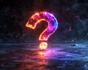 Poster - 3Drendered abstract dark background, neon light question mark, glowing digital effect, modern tech design, vibrant neon hues, futuristic question mark symbol