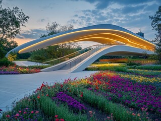 Poster - Modern, curved pedestrian bridge illuminated at dusk, overlooking vibrant flower gardens.