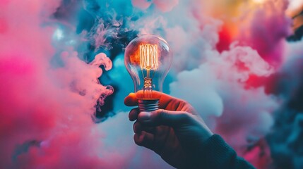 Poster - Hand holding glowing lightbulb amidst colorful smoke.