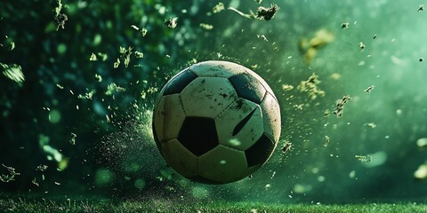 Poster - Muddy soccer ball in mid-air, surrounded by flying debris on a green field.
