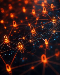Poster - 3Drendered social network, illuminated digital user icons, glowing lines connecting, dark background, modern tech design, dynamic futuristic connections