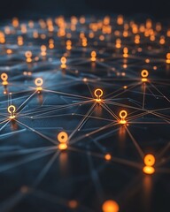 Poster - 3Drendered social network, illuminated digital user icons, glowing lines connecting, dark background, modern tech design, dynamic futuristic connections