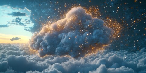 Poster - Explore a surreal floating cloud in a vibrant sky filled with cosmic particles. This enchanting image captures a dreamy atmosphere, perfect for artistic and atmospheric projects.