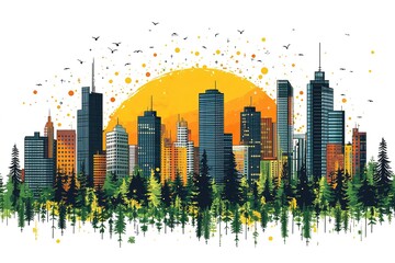 Wall Mural - City skyline at sunset, nestled within a lush forest. A vibrant blend of urban and nature.